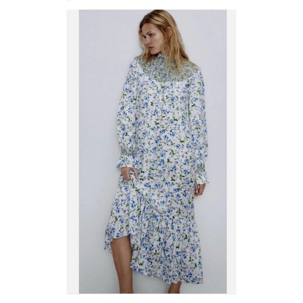 ZARA Dress Small Linen Embroidered Floral Smocked Prairie High Neck Maxi